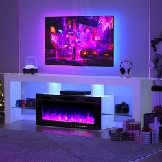 a living room with purple lighting and a flat screen tv on the wall above it