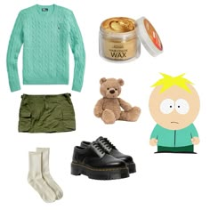 a bunch of items that include a sweater, skirt, shoes and a teddy bear