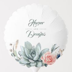 an air filled balloon with flowers and leaves on the bottom that says, happy birthday and bouquets