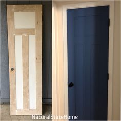 the door is being painted white and blue with wood trimmings on it's sides