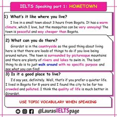 a pink and white poster with the words iel's speaking part 1 home town