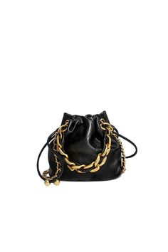 GOLDxTEAL black leather mini bucket bag with a gold woven chain handle. Luxury Black Woven Leather Bucket Bag, Luxury Gold Top Handle Bucket Bag, Gold Leather Bucket Bag For Formal Occasions, Gold Leather Bucket Bag For Formal Events, Designer Gold Bucket Shoulder Bag, Formal Gold Leather Bucket Bag, Designer Bucket Hobo Bag With Gold-tone Hardware, Gold Bucket Bag With Top Handle And Gold-tone Hardware, Designer Bucket Bag With Braided Handles