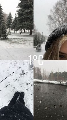 four different pictures with trees and snow in the foreground, one woman's feet covered in snow