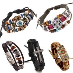 Men's Evil Eye Cross Leather Bracelet Braided Beaded Wristband Bangle 7.5" Gift | eBay Adjustable Brown Bracelets As Fashion Accessory, Brown Bangle Bracelet For Fashion, Adjustable Brown Bangle Wristband, Adjustable Assorted Color Bracelet Jewelry, Assorted Adjustable Bracelet Jewelry, Adjustable Assorted Color Bracelet, Casual Adjustable Beaded Bracelets, Casual Brown Beaded Braided Bracelets, Adjustable Leather Bangle Bracelet For Festivals