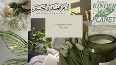 a collage of photos with flowers, candles and books