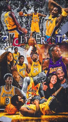 collage of lakers players in yellow and purple uniforms with the number 24 on their jersey