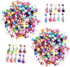 several different types of beads and spoons on a white background