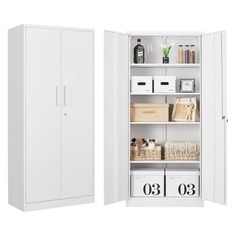 two white closets with shelves and bins next to each other on the floor