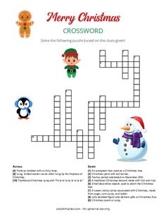 a crossword puzzle with christmas characters on the front and bottom page, which is filled with