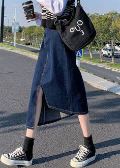 Elegant Navy Side Open Asymmetrical Pocket Cotton Denim Wraped Skirts SummerFabric: Cotton BlendedSize & Fit: This garment fits true to size.Length: Size S measures 32.955"from waist to hem.Waist:Fitted - very fitted at natural waist Hip: Loosely Fitted. room for hips. Hand Wash Cold. Skirts Summer, Half Skirt, Elegant Skirt, Plus Size Skirts, Summer Fabrics, Plaid Skirts, Types Of Skirts, A Line Skirts, Casual Skirts