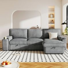 a living room with white walls and black and white checkered flooring