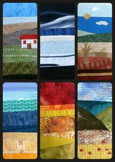 four quilts with different designs on them, each one has a house in the middle