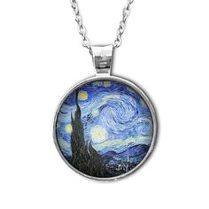 "Our stunning Pendant Necklace, featuring a beautiful 1 inch glass pendant showcasing Vincent Van Gogh's iconic painting, \"Starry Night.\" The intricate details of this masterpiece and vibrant colors are captured perfectly in exquisite glass. The pendant is securely attached to a sleek and elegant 18 inch silver chain, making it the perfect length to complement any outfit. This necklace is a true statement piece, combining classic elegance with a touch of artistry. It makes for a thoughtful and unique gift for any art lover." Artistic Silver Necklaces, Artistic Silver Round Necklace, Blue Jewelry For Art Collection, Artistic Adjustable Necklace, Artistic Adjustable Round Necklace, Artistic Round Adjustable Necklaces, Van Gogh Gifts, Glass Circle, Victorian Pendants