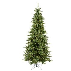 a tall christmas tree with lights on it's sides and a white base, in front of a white background