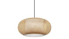 a light hanging from a ceiling fixture with woven fabric on the top and bottom part