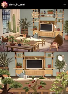 there are two pictures of the same living room with plants and furniture in each photo