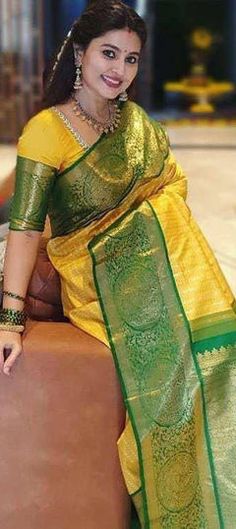 Yellow color Saree in Art Silk, Silk fabric with Weaving, Zari work Actress Sneha, Wedding Saree Collection, Saree Bollywood, Yellow Saree, Big Fat Indian Wedding, Wedding Saree Indian, Bollywood Wedding, Saree Trends, Yellow Colour