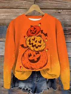 Buy Inexpensive Sweatshirts at Zolucky online store, SPU: 294MSW8J8D73, Color: Orange, Neckline:Crew Neck, Clothes Length:Regular. Casual Halloween, Halloween Long Sleeve, Halloween Top, Plus Size Halloween, Winter Fabric, Spring Fabric, Sports Clothing, Pumpkin Halloween, Women Hoodies Sweatshirts