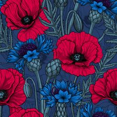 Red poppies and blue cornflowers on blue , Raspberry Creek Fabrics Deco Tile, Poppy Wallpaper, Flower Leaves, Blue Poster, Recycled Canvas, Custom Printed Fabric, Minky Fabric, Poppy Flower, Red Poppies