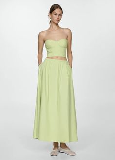 Long flared skirt - Woman | MANGO USA Long Flared Skirt, Top Bustier, Long Skirts For Women, Fabric Medium, Pastel Green, Flared Skirt, Flare Skirt, Skirt Length, Long Skirt