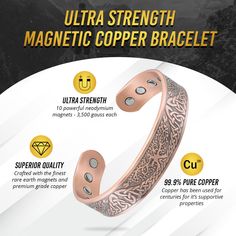 ☑️ SUPERIOR MAGNETS – Say goodbye to pills & needles and experience the benefits of this effective copper magnetic bracelet today! Our copper cuff bracelet contains 10 powerful neodymium magnets, each 3,500 gauss strength, which effectively targets aches and discomfort in the wrist. Your body will appreciate this all-natural, non-invasive alternative approach to feeling better! ☑️ PREMIUM QUALITY – Handcrafted with 99.9% pure copper for enhanced properties and effectiveness. The Copper bracelet Copper And Magnets, Copper Bracelet Benefits, Copper Cuff Bracelet, Feeling Better, Copper Cuff, Rare Earth Magnets, Neodymium Magnets, Bracelet Cuff, Copper Rings