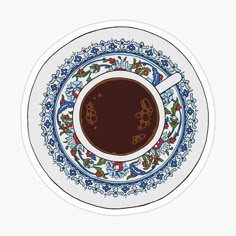 a cup of coffee on a saucer with floral designs sticker for laptops and tablets