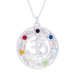 Om Symbol & 7 Chakras Mandala Necklace (Silver) Spiritual Silver Crystal Necklaces With Birthstone, Spiritual Multicolor Sterling Silver Necklace, Spiritual Silver Crystal Necklace With Stones, Spiritual Sterling Silver Crystal Necklaces, Silver Crystal Birthstone Necklace, Silver Crystal Pendant Necklaces With Gemstone Accents, Sterling Silver Multi-stone Spiritual Necklace, Silver Crystal Pendant Necklace With Gemstone Accents, Spiritual Silver Necklaces With Gemstone Accents