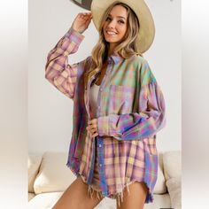 Multicolored Plaid Shirt Button Down Long Sleeve 100% Cotton Raw Hem New All Sizes S M L Xl True To Size Multicolor Shirt For Fall Daywear, Oversized Multicolor Button-up Shirt, Multicolor Oversized Button-up Shirt, Casual Multicolor Washed Tops, Casual Multicolor Shirt For Daywear, Casual Multicolor Daywear Shirt, Zara Silk Dress, Hooded Long Sleeve Shirt, Silk Shirt Dress