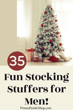 a christmas tree with presents under it and the words 35 fun stocking stuff for men