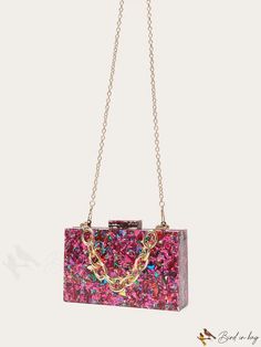 BirdinBag - Sequin Mini Box Bag with Chain Strap: Elegant Purse for Weddings, Proms, and Parties Rectangular Chain Shoulder Bag For Parties, Square Box Bag With Chain For Evening, Square Evening Box Bag With Chain, Square Chain Box Bag For Evening, Pink Rectangular Shoulder Bag For Wedding, Rectangular Evening Bag With Chain For Events, Rectangular Chain Evening Bag For Events, Handheld Clutch With Chain Strap For Gift, Rectangular Chain Bag As Gift