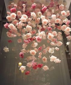 pink and white flowers hanging from the ceiling