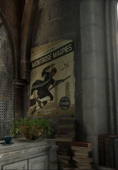 there is a poster hanging on the wall above a mantle in an old room with books and plants