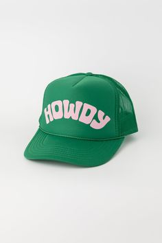 Howdy Trucker Hat Kelly Green/Pink Front Green Trucker Hat, Bachelorette Hats, Foam Panels, Panel Hat, Blue Khakis, Summer Hats, Kelly Green, Trucker Cap, Caps Hats