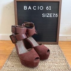 Brand New. Modern Brown Heels With Buckle Closure, Suede Wedge Heels With Stacked Heel, Brown Wedge Heels With Buckle Closure, Medium Width Leather Wedge Heels, Modern Brown Suede Heels, Leather Wedge Heels With Buckle Closure, Red Wedge Sandals, Black Strappy Wedges, Tan Espadrilles