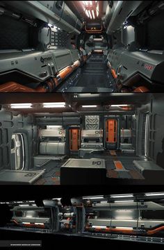 the interior of a sci - fi space station is shown in three different views, including two