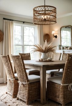 a dining room table with wicker chairs and a basket chandelier hanging from the ceiling