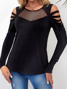 Black Mesh Patch Ripped Long Sleeve Top Material: 65% Polyester + 30% Viscose + 5% Elastane Style: Casual Pattern: Solid Color: Black Neckline: Round Neck Silhouette: Sheath Sleeve Length: Long Sleeve Occasion: Daily This Black Mesh Patch Ripped Long Sleeve Top is a perfect blend of sexy and romantic with a bold design. The mesh patch detail adds a touch of mystery to this long sleeve tee, making it stand out. The edgy ripped design is ideal for showcasing sexy shoulders, while the slim fit silh Plus Size Kawaii, Ripped Top, Womens Pajama Shorts, Sleeveless Sweater Dress, Black Long Sleeve Top, Patch Design, Bold Design, Short Pajama Set, Sleeveless Sweater