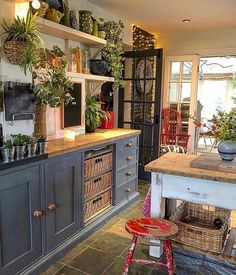 a kitchen with lots of potted plants on the shelves