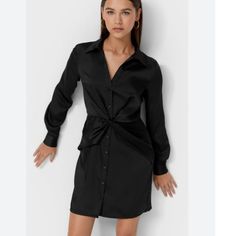 Front Button Down Closure Satin Effect Material Twist Ruched Design In Front No Stretch Black Satin Button Down Dress, Knotted Dress, Short Satin Dress, Knot Dress, Button Dress, Satin Dresses, Women's Fashion Dresses, Limited Time, Wrap Dress