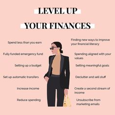 a woman standing in front of a pink background with the words level up your finance