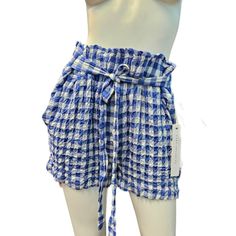 Blue And White Checkard Paperbag Tie Shorts Size Large Blue Shorts With Elastic Waistband For Day Out, Blue High-waisted Shorts For Day Out, Blue Summer Shorts With Belt Loops, Blue Summer Bottoms For Day Out, Summer Blue Bottoms For Day Out, Blue Shorts With Belt Loops For Summer, Blue Shorts With Belt Loops For Day Out, Blue Paperbag Waist Shorts With Pockets, Trendy Blue Shorts For Day Out