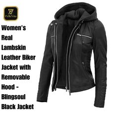 Elevate your style with the Blingsoul Leather Jacket for women, crafted from luxurious real lambskin leather for a premium feel and exceptional durability. This mid-length black biker jacket features a sleek zip-up closure and a removable hood, giving you versatility for any occasion. Perfect for casual outings, workwear, or special events, this jacket transitions effortlessly between seasons, from winter to spring and fall. Designed with long sleeves, meticulous stitching details, and a smooth Leather Biker Jacket With Double-lined Hood, Winter Biker Jacket With Double-lined Hood, Fitted Biker Leather Jacket With Detachable Hood, Fitted Biker Jacket With Detachable Hood, Womens Leather Jackets, Leather Jacket For Women, Black Biker Jacket, Real Leather Jacket, Comfort Design