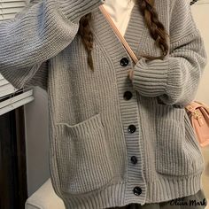 Olivia Mark - Solid Button Down Knit Cardigan, Vintage Long Sleeve Pocket Loose Sweater Coat For Fall & Winter, Women's Clothing Coat For Fall, Cardigan Vintage, Vintage Long Sleeve, Sweater Coat, Button Cardigan, Loose Sweater, Sweater Coats, Olivia Mark, Knit Cardigan