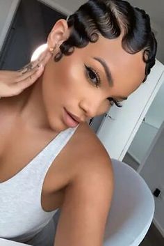 Big Finger Waves, Woman Waves Short Hair, Black Hair Waves Short, Finger Waved Pixie, Fluffy Finger Waves, Finger Waves Wedding Hair Black Women, Soft Waves Short Hair Black Women, Waves On Women, Soft Finger Waves Black Women