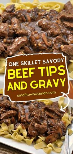 beef tips and gravy on a plate with text overlay