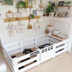 a room filled with lots of white furniture and plants on the wall above it's shelves