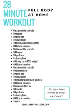 the full body workout plan is shown in blue and white, with instructions for how to do