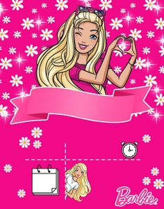 barbie doll with pink background and white daisies on the bottom right hand corner, holding a heart shaped object in her left hand