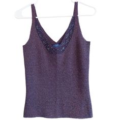 Adolfo Dominguez Metallic Thread Knit Top- Navy With Metallic Thread Running Throughout,Embellished V-Neckline. Size-Xp Pit To Pit-14" Approximately Length-22 1/2" Approximately Knit V-neck Party Tops, V-neck Knit Top For Party, Black One Shoulder Top, Sheer Tank Top, Halter Tank Top, Halter Tank, One Shoulder Tops, Metallic Thread, Knit Top