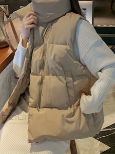 Peilia - Classic Zip-Front Vest with Stand Collar - Womens Sleeveless Fall & Winter Outerwear Solid Sleeveless Vest For Winter, Khaki Sleeveless Winter Vest, Winter Khaki Vest, Same But Different, Puff Vest, Outfits Baggy, Cream Puff, Outfit Inspo Casual, Two Friends